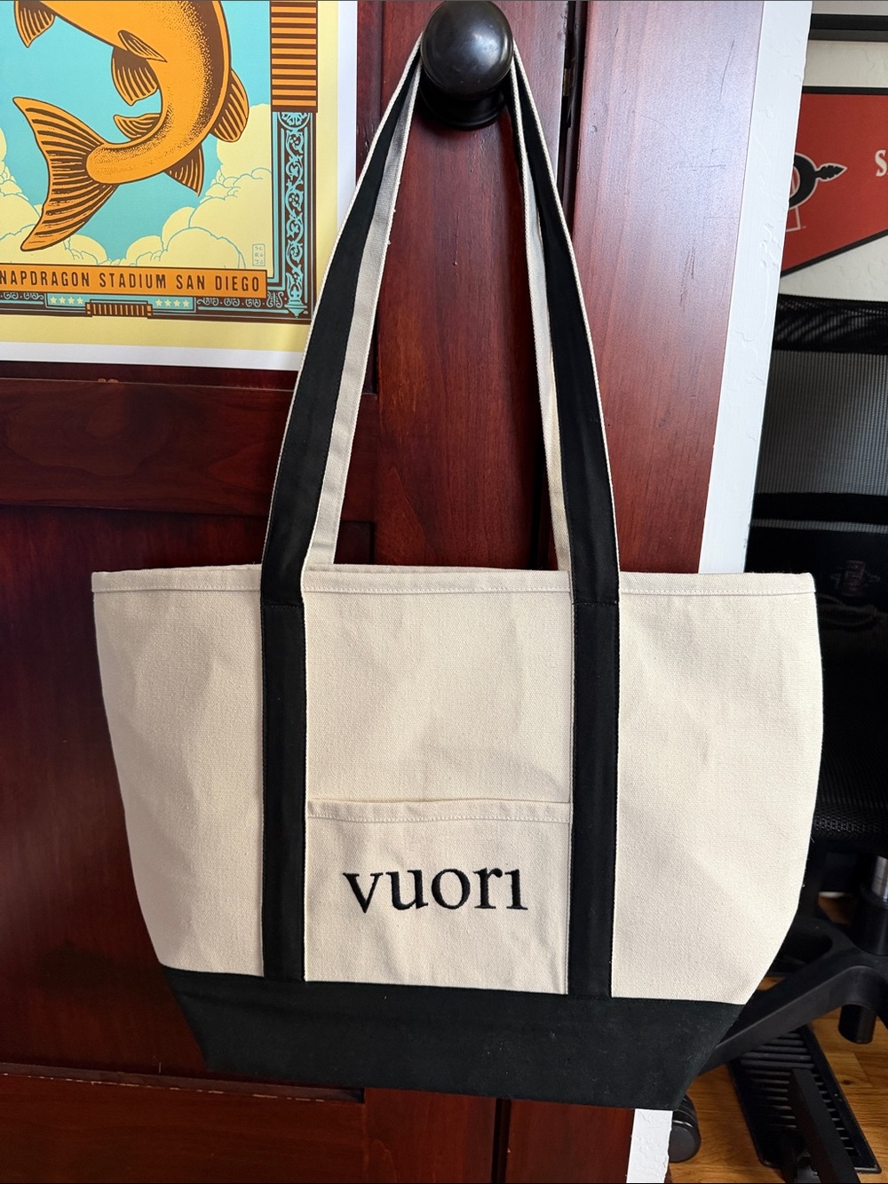 Vuori Cream and Black Canvas Tote with Front Pocket